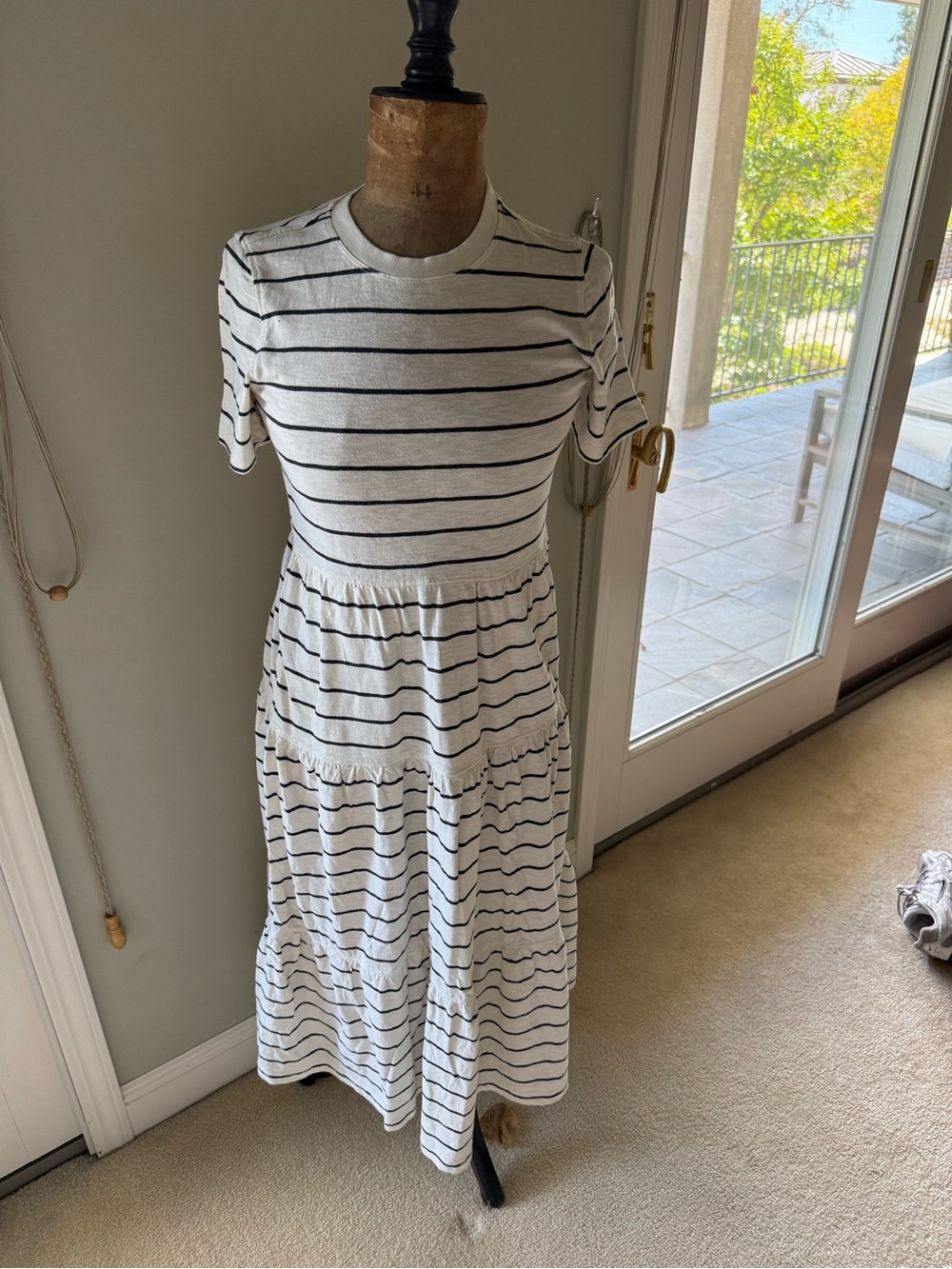 Marine Layer White and Black Striped Short-Sleeve Tiered Maxi Dress